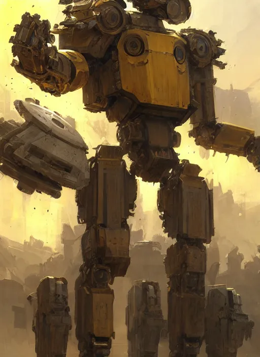 Image similar to human-sized strong intricate yellow pit droid carrying very detailed great sword and beautiful large paladin shield, pancake short large head, exposed metal bones, painterly humanoid mecha, by Greg Rutkowski