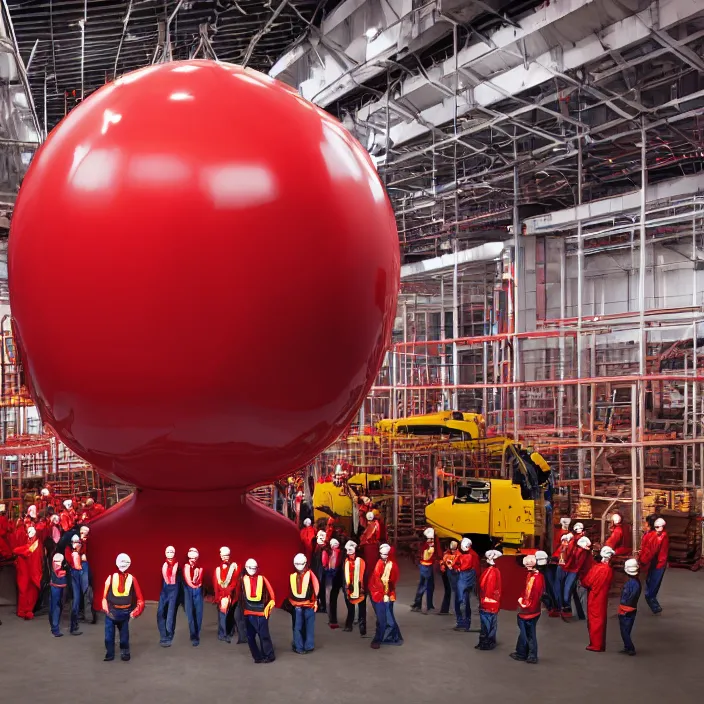 Prompt: crew of workers in red overalls building giant mickey mouse head in warehouse, octane render, 4 k ultra hd, hyper - detailed, realistic, low lighting, sharp focus, in style of beeple