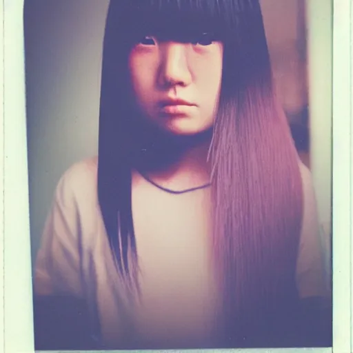 Image similar to aesthetic upper body polaroid photograph of emo japanese girl, long hair and fringe