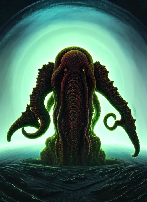 Image similar to symmetry!! stunning monstrous cosmic horror cthulhu with space in the background!! lovecraftian horror, cosmic space horror!! cinematic lighting, muted colours, digital art, winning award masterpiece, fantastically beautiful, aesthetically inspired by wayne barlowe and gerald brom, trending on artstation, art by greg rutkowski, octane render, unreal engine, 8 k