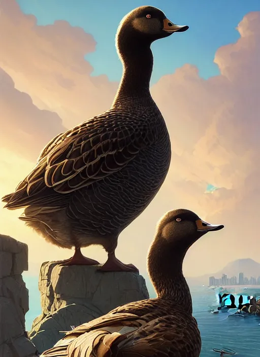 Image similar to highly detailed portrait of a heroic goose in gta v, stephen bliss, unreal engine, fantasy art by greg rutkowski, loish, rhads, ferdinand knab, makoto shinkai and lois van baarle, artgerm, pixar, ilya kuvshinov, rossdraws, tom bagshaw, global illumination, radiant light, detailed and intricate environment