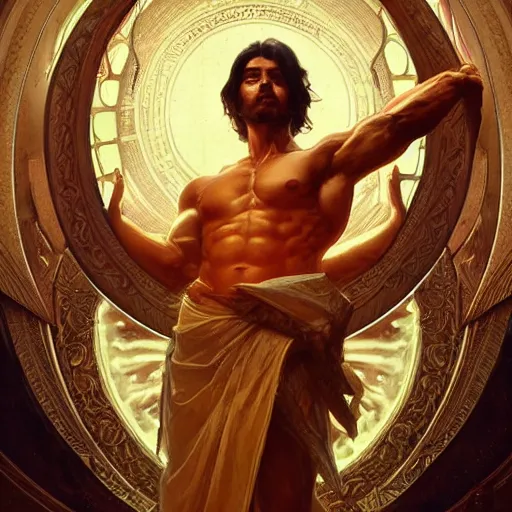 Prompt: portrait of a heavenly god, full body, muscular, fantasy, intricate, elegant, dramatic lighting, highly detailed, digital painting, artstation, concept art, matte, sharp focus, illustration, art by artgerm and greg rutkowski and alphonse mucha