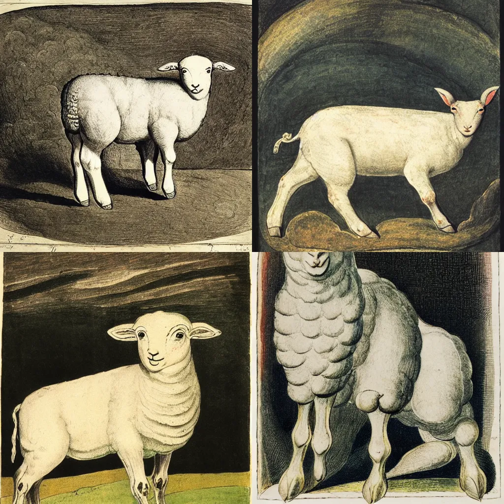 Prompt: a print of a lamb by William Blake