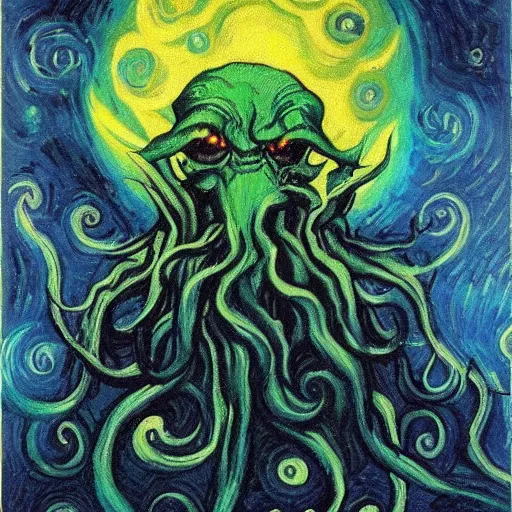 Prompt: old god cthulhu terrifying the night skies of a modern city, dark - art realistic painting by van gogh