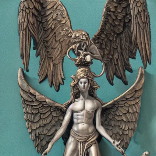 Image similar to fallen angel with hermes caduceus.