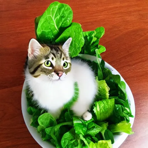 Image similar to a cute cat made of salad