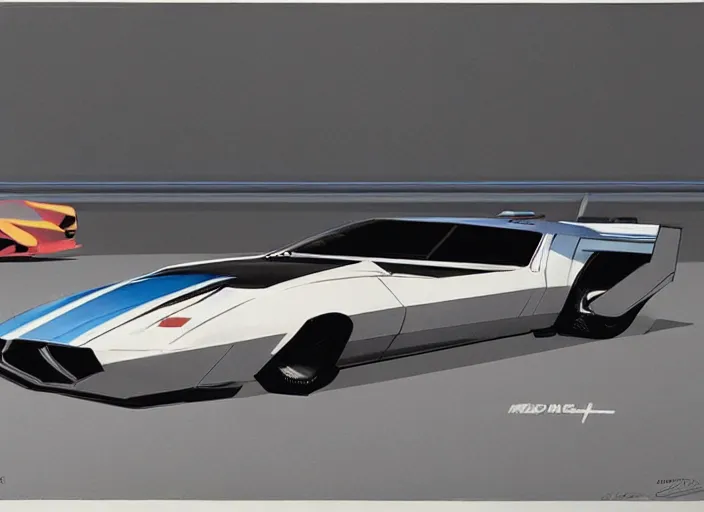 Prompt: syd mead concept art, raplh mcquarrie. mach 5 speed racer, kitt 1 9 8 2 pontiac trans am. style blade runner 2 0 4 9, retro, retro futurist. concept art by syd mead and star wars