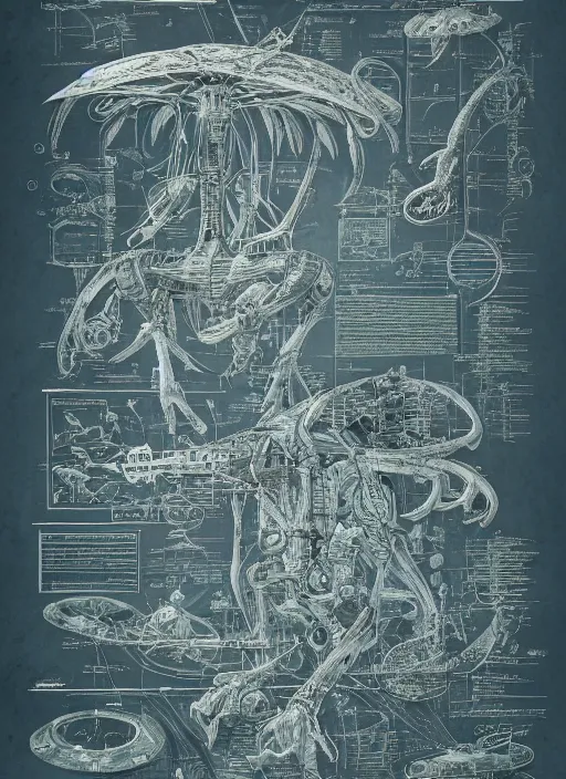 Image similar to a full page concept designs of the anatomy of the extraterrestrial, industrial design blueprint, intricate details, ink on paper, scientific, highly detailed labeled, poster, peter mohrbacher, isometric perspective, high quality, 8 k, hd