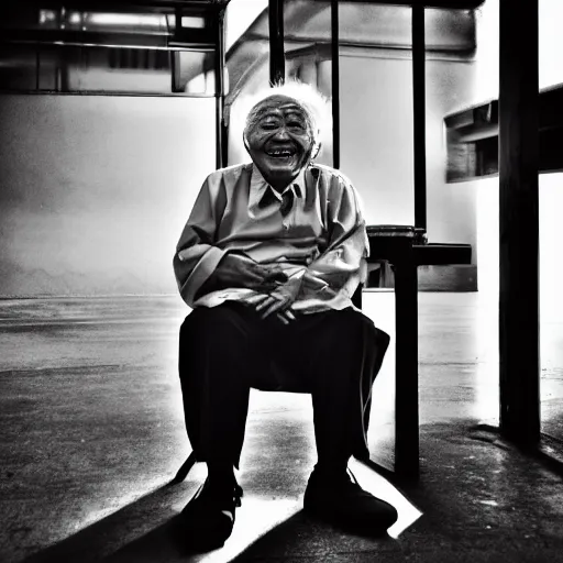 Prompt: a character portrait photo of a smiling old japanese man, hopeful, flickr contest winner, neo-expressionism, art photography, industrial background, hyperrealism, chiaroscuro, anamorphic lens flare, elegant, shallow depth of field, haze, volumetric lighting, low-contrast, colors, photo taken with provia, 24mm, f1.8, by Filip Hodas, by Andrew Domachowski