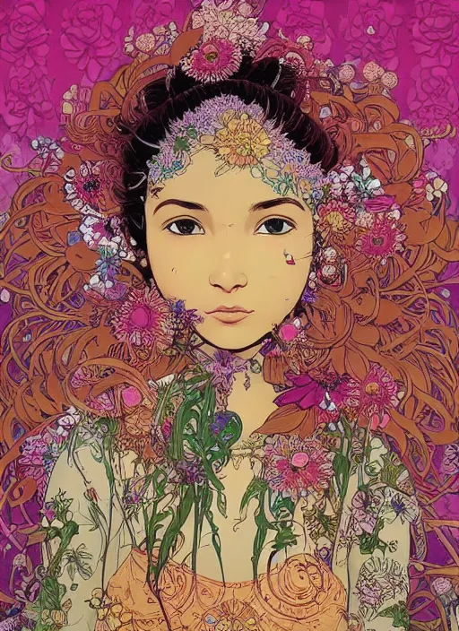 Image similar to beautiful flowerpunk indian cyborg portrait girl female illustration detailed patterns art of hindu traditional dress, flower pop art, floral splash painting, art by geof darrow, ashley wood, alphonse mucha, makoto shinkai