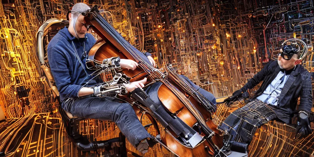 Prompt: A man playing a cybernetic cello made from circuit boards and vacuum tubes, bright colors, cinematic, smooth, dramatic, detailed and realistic photograph, 8k, unreal engine, hyper realistic, fantasy concept art, XF IQ4, 50mm, F1.4, ISO 200, 1/160s, natural light, Adobe Lightroom, photolab, Affinity Photo, PhotoDirector 365