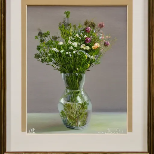 Prompt: a medium-shot neat still life with messy wild clover and thyme bouquet, in a short round glass vase, studio lightning, oil painting, framed