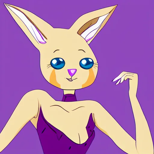 Image similar to a tall skinny blonde bunny woman with her hair in a bun and purple eyes, wearing a dark purple suit, cartoony