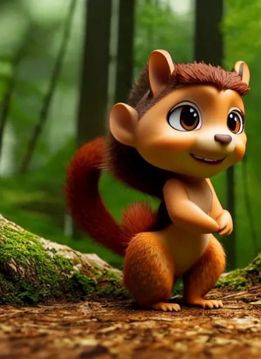 Image similar to squirrel as nendoroid walking in the woods in the croods movie style, anime, disney, pixar, 8 k, hd, dof, kodak film, volumetric lighting, subsurface scattering, photorealistic, octane render, details