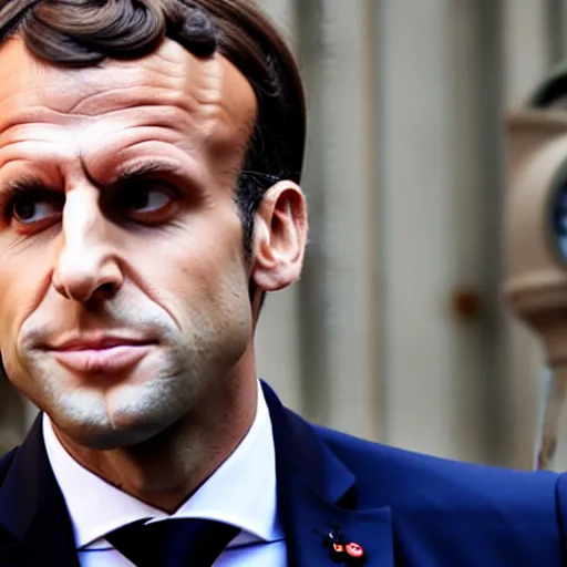 Prompt: Emmanuel Macron forgot to put his pants on, press photo