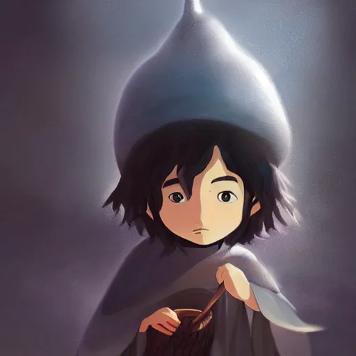 Prompt: a little wizard in the style of Studio Ghibli, realistic painting, high definition, digital art, matte painting, very detailed