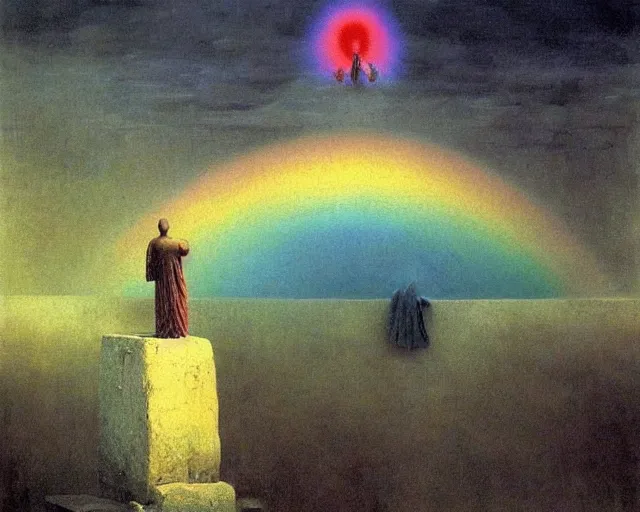 Image similar to praying to ancient gods of transitioning by beksinski, carrington, bosch, dali, barlowe, magritte, pagan bright multirainbow colors