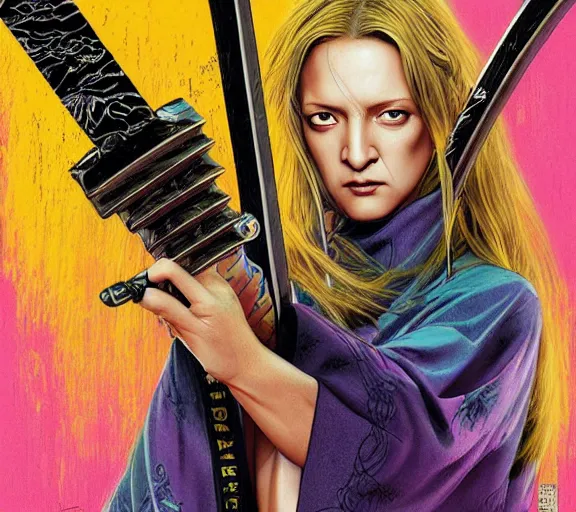 Image similar to breathtaking detailed pattern pastel colors, cinematic action scene from kill bill, with uma thurman in yellow kimono, swinging katana sword by wlop and artgerm, exquisite detail, enhanced eye detail