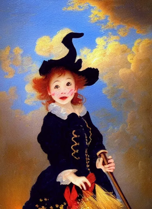 Prompt: little cute witch in an oil painting by jean - honore fragonard, portrait, with a broom, bob cut black hair, red bow in the hair, asian girl, intricate details, symmetrical face, sky in the background, stars, sparkles, glitter, sunset, epic lighting, soft vibes, navy blue red and black tones, ghibli tones, cinematic