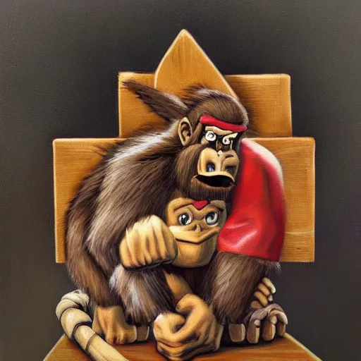 Image similar to Donkey Kong dies on the cross for our sins, oil painting