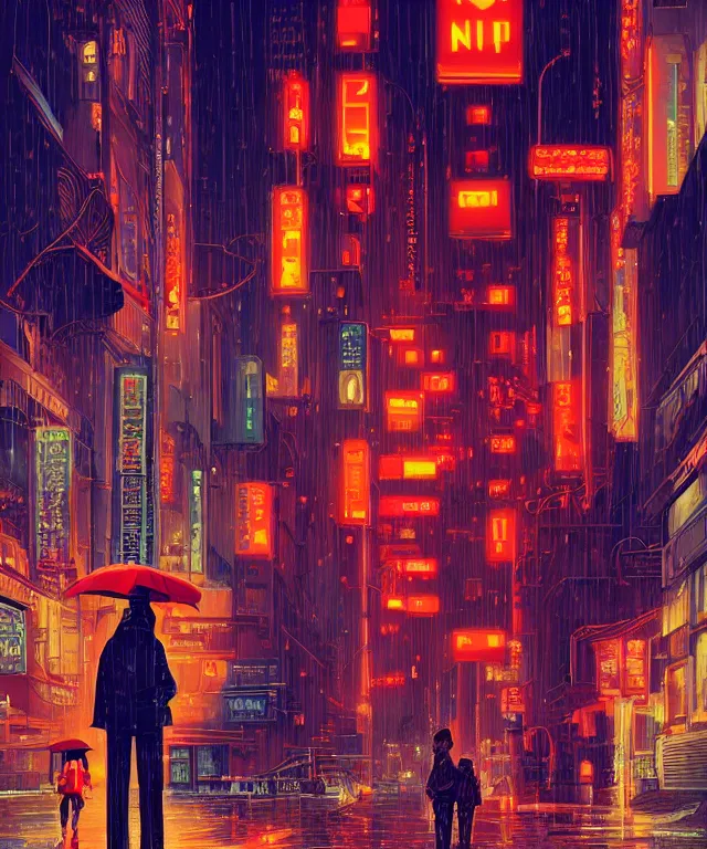 Image similar to big red robot waiting in street from neo tokyo , humid ground, artstation, art by françois schuiten and moebius and pascal campion, disney fantasy style, people and creatures walking holding neon ombrellas, volumetric light, neon lights, bokeh light from top, science fiction elements, lampposts, rainy mood