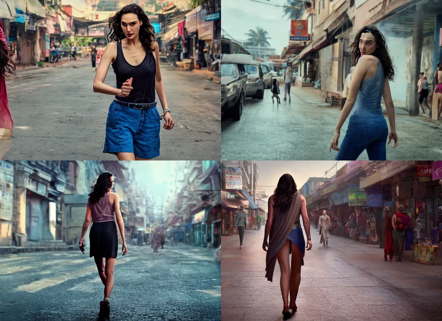 Prompt: gal gadot walking in the steets of a calicut, cinematic, ultra realistic, soft colors, volumetric lighting, hdr, shot on sony camera