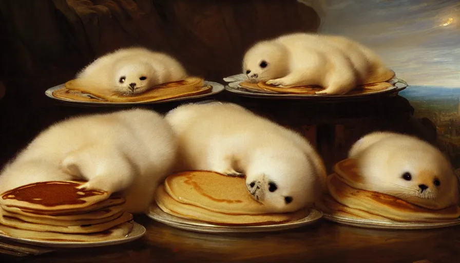 Prompt: highly detailed painting of cute furry white baby seals in a pile of pancakes on a table by william turner, by greg rutkowski, by william constable, thick brush strokes and visible paint layers, 4 k resolution