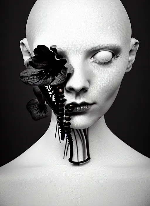 Image similar to black and white dreamy foggy profile face portrait, one steampunk eye biomechanical beautiful young female cyclope - cyborg - robot bust, body ribs meshes,, volumetric light, hibiscus flowers, by hg giger, rim light, by dora maar and cecile beaton, big gothic fashion pearl embroidered collar, 8 k