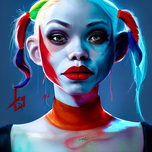 Image similar to Harley Quinn as a beautiful young ape kid with long pony tails on either side of her head, illustration, comic, by James Jean, artgerm, octane render, by John Coltrane and Marc Simonetti, kinemacolor, colorful, high detail of the face, full body