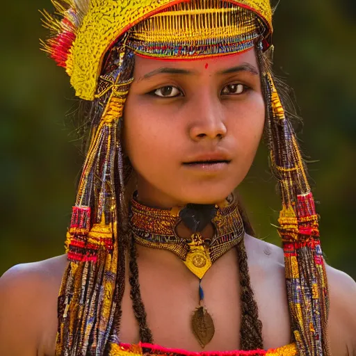 Image similar to portrait of a stunningly beautiful alluring and attractive nepalese tribal female maiden, depth of field, zeiss lens, detailed, symmetrical, centered, fashion photoshoot, by annie leibovitz and steve mccurry, david lazar, jimmy nelsson, breathtaking, 8 k resolution, extremely detailed, beautiful, establishing shot, artistic, hyperrealistic, beautiful face, octane render