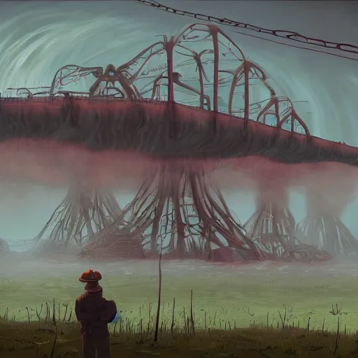 Image similar to ricky berwick, simon stalenhag, horror, eldritch horror, foggy