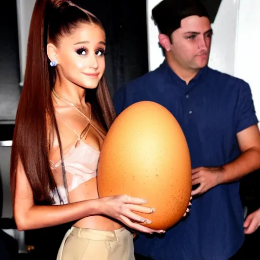 Prompt: ariana grande carrying a gigantic chicken egg in her hands award winning photo