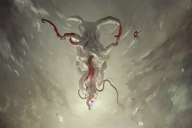 Image similar to painting by greg rutkowski of a flying chalk white human face!!!, with tentacles coming of the neck, red eyes, flying in a terrying hell like cavernous place