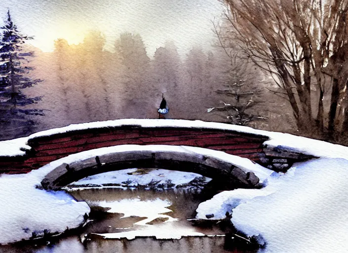 Image similar to watercolor of vintage tractor on rustic stone bridge in winter landscape, glistering, high detailed art by dennis miller bunker, work by anders zorn, wonderful masterpiece by greg rutkowski, beautiful cinematic light, american romanticism by greg manchess, creation by tyler edlin