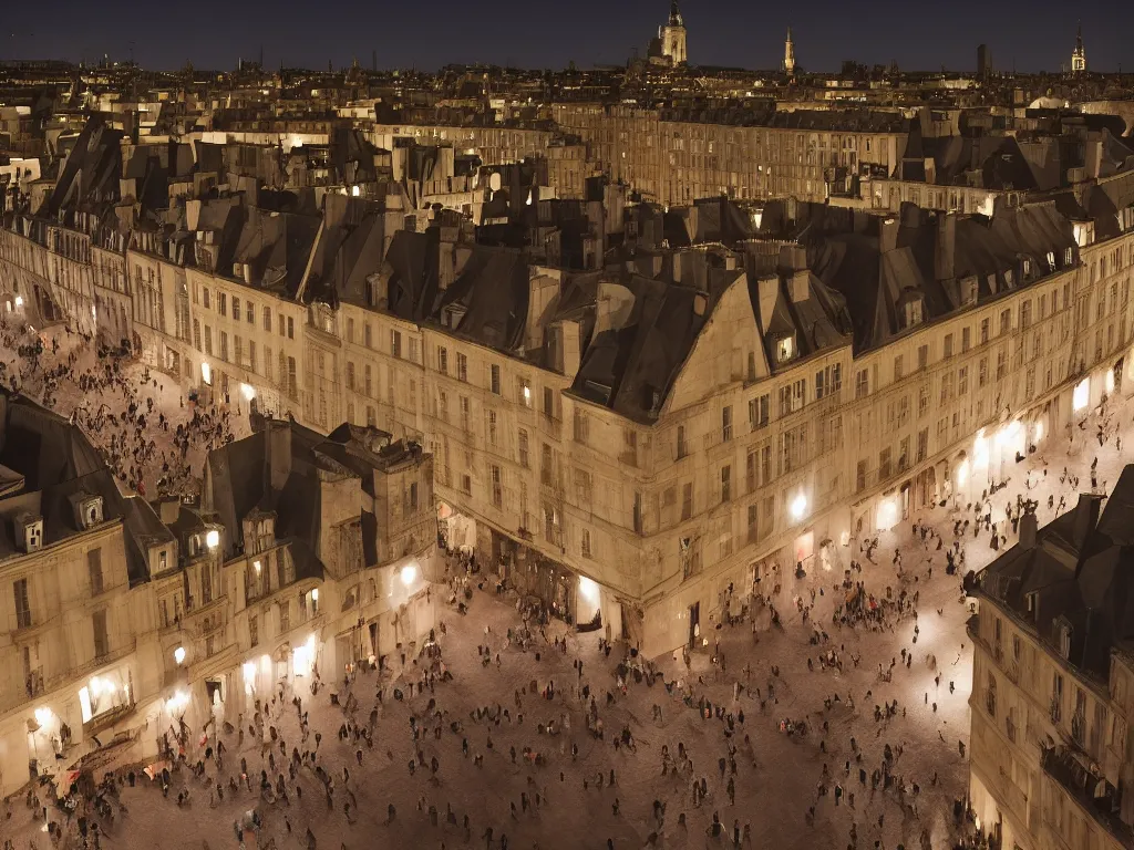 Image similar to people hanging out on the rooftop of the buildings of place des vosges at night