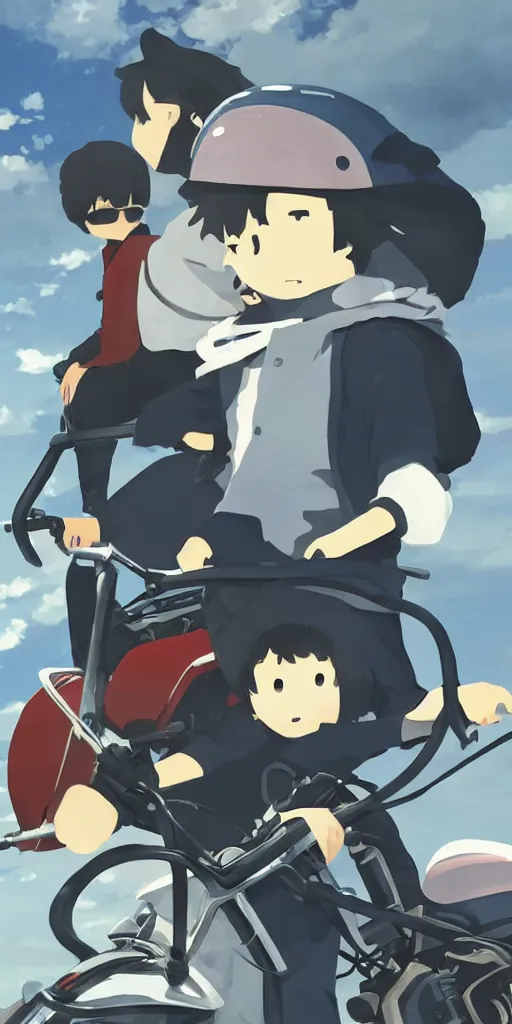 Image similar to Bernie Sanders and Kino from Kino’s Journey (2003) riding a motorcycle together. Digital illustration, digital art, 4k