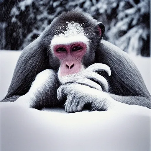 Image similar to Award winning photograph of a gigantic ancient monkey emerging from the snow to destroy time. Vintage large format film photograph