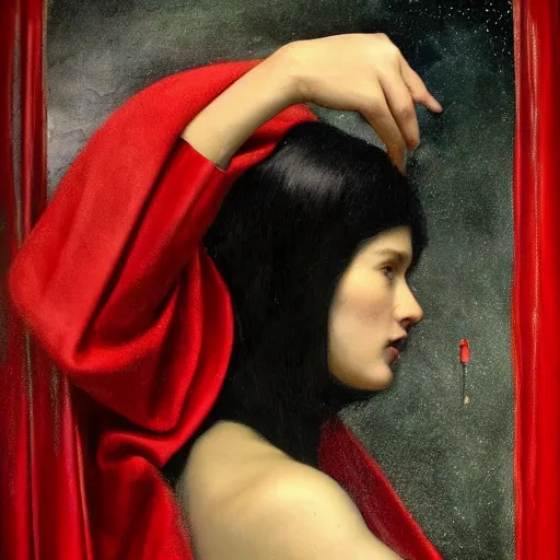 Image similar to black hole face dressed in red robe takes a selfie | highly detailed oil painting, hyperrealistic, very intrincate | cinematic lighting, award - winning | by roberto ferri, gustav klimt, william waterhouse and tom bagshaw | by austin osman spare and william blake, trending on artstation, cgsociety, official art, octane.