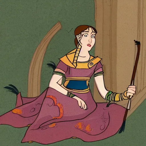 Prompt: a warrior princess sitting in her court, in the art style of cartoon saloon.