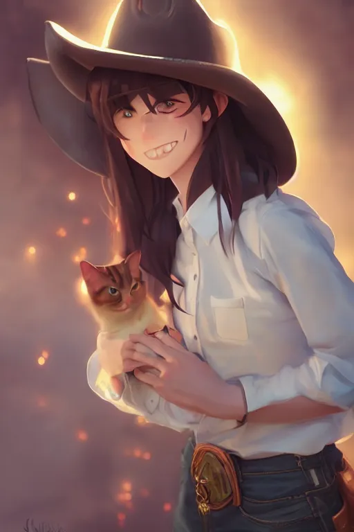 Image similar to a very cute cowgirl cat girl, single subject, scenic full shot, ambient lighting, detailed face, by makoto shinkai, stanley artgerm lau, wlop, rossdraws