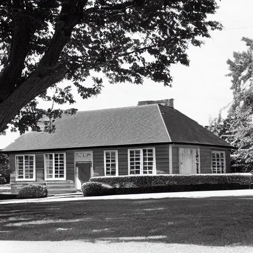 Prompt: 1 9 6 0 black and white photo of an ordinary 1 9 6 0 suburban house, garage, bushes