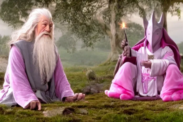 Prompt: portrait of Gandalf wearing pink Hello kitty costume, smiling warmly, sunrise, movie still from Lord of the Rings, cinematic