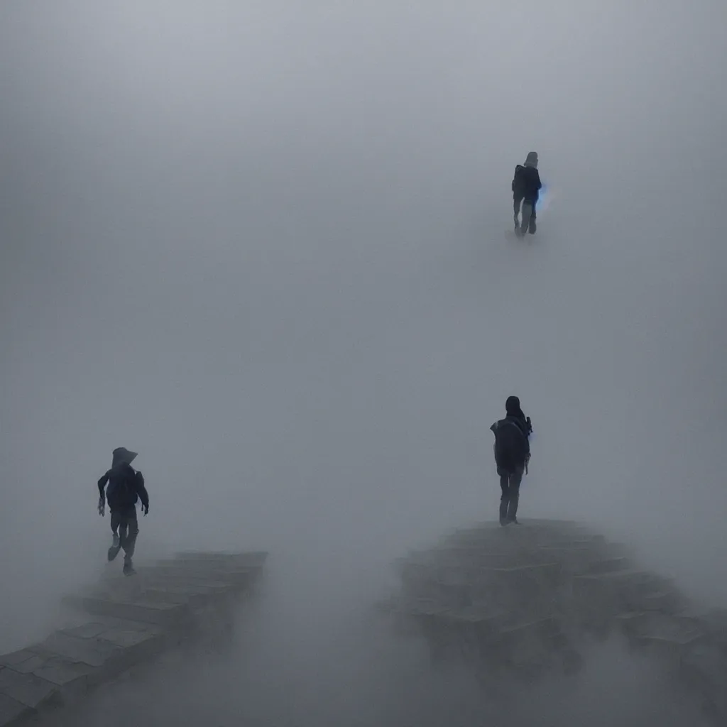 Image similar to a man walking up a set of stairs in the clouds, an ambient occlusion render by wang yuan, cg society contest winner, interactive art, made of mist