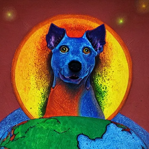 Prompt: rainbow dog carrying the earth in its mouth, 8 k, hd