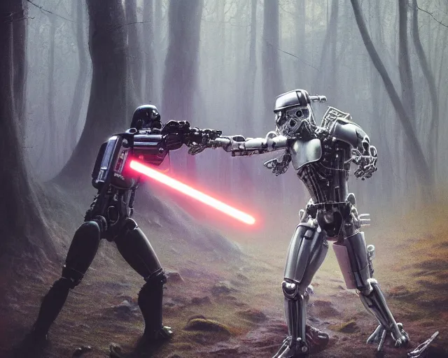 Prompt: photo of a white terminator stormtrooper with heavy duty biomechanical hydraulic cybernetic body fighting with a jedi in the forest. cyberpunk horror style. highly detailed 8 k. intricate. nikon d 8 5 0 5 5 mm. award winning photography. art by hr giger and zdzislaw beksinski in the style of hzd