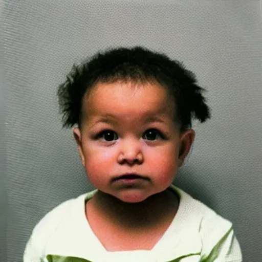 Image similar to A police mugshot of a baby that looks like a hardened criminal, tattoos on face