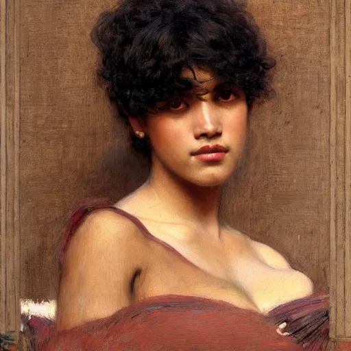 Prompt: bangs, curly black hair woman with brown skin portrait by john william waterhouse and Edwin Longsden Long and Theodore Ralli and gaston bussiere. Cinematic, hyper realism, dramatic lighting, high detail 8k