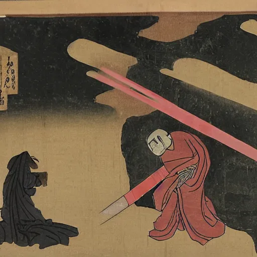 Image similar to ancient japanese watercolour of a darth sidious shooting lightning from his fingers at luke skywalker. Luke Skywalker is writhing on the ground in agony and begging darth vader to help.