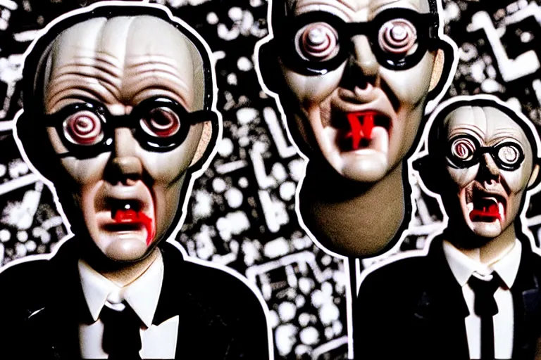 Prompt: image of gilbert and george being possessed by the ghost of alan turing, chromatic noise, stop motion vinyl action figure, plastic, toy, butcher billy style