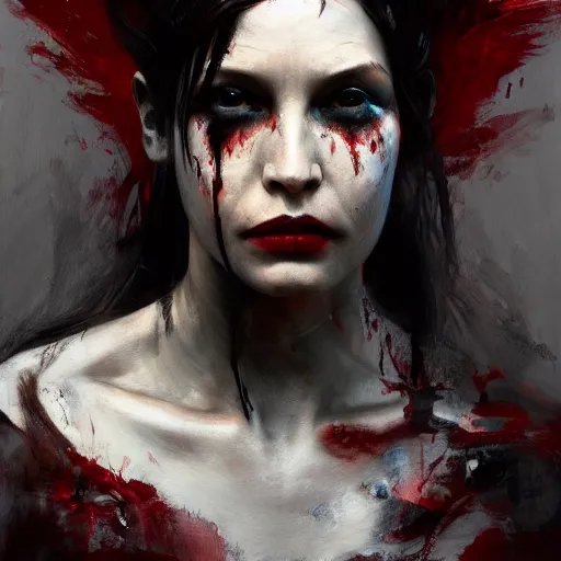 Prompt: portrait of the god of death, beautiful female face, angelic, dark, blood, by jeremy mann, by lucian freud, god rays, female warrior, warrior face painting red, wings, holding a weapon, intricate, highly detailed, trending on artstation, award winning, cinematic